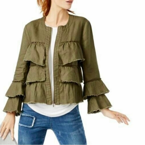 INC olive green 100% linen ruffled zip cardigan topper boho size PM layer jacket - Picture 2 of 10